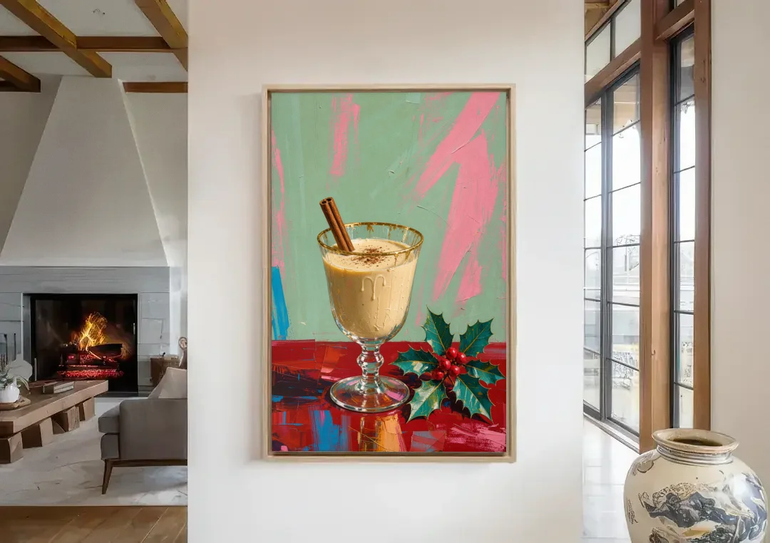 Hand Painted Christmas Canvas of Eggnog with Holly canvas wall art in a living room with a fireplace