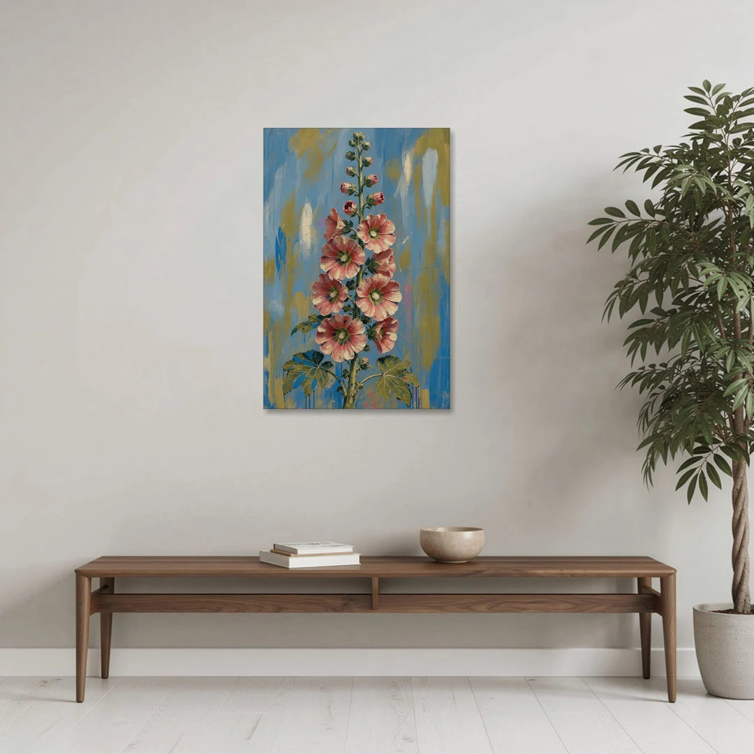 Hand Painted Floral Canvas of a Tall Hollyhock - Canvas Wall Art - Coffee Table - 24x36