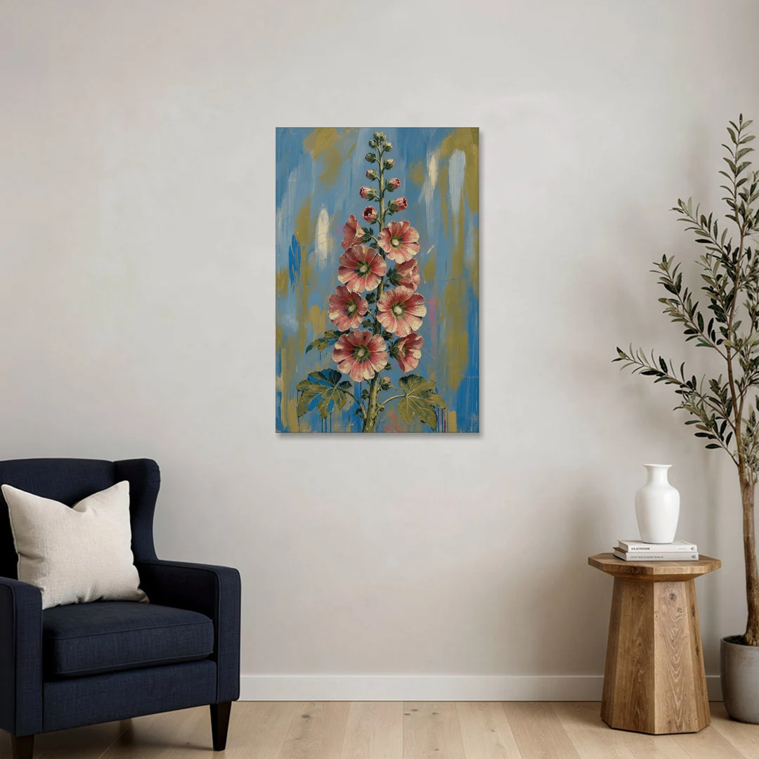 Hand Painted Floral Canvas of a Tall Hollyhock - Canvas Wall Art - Sofa - 24x36