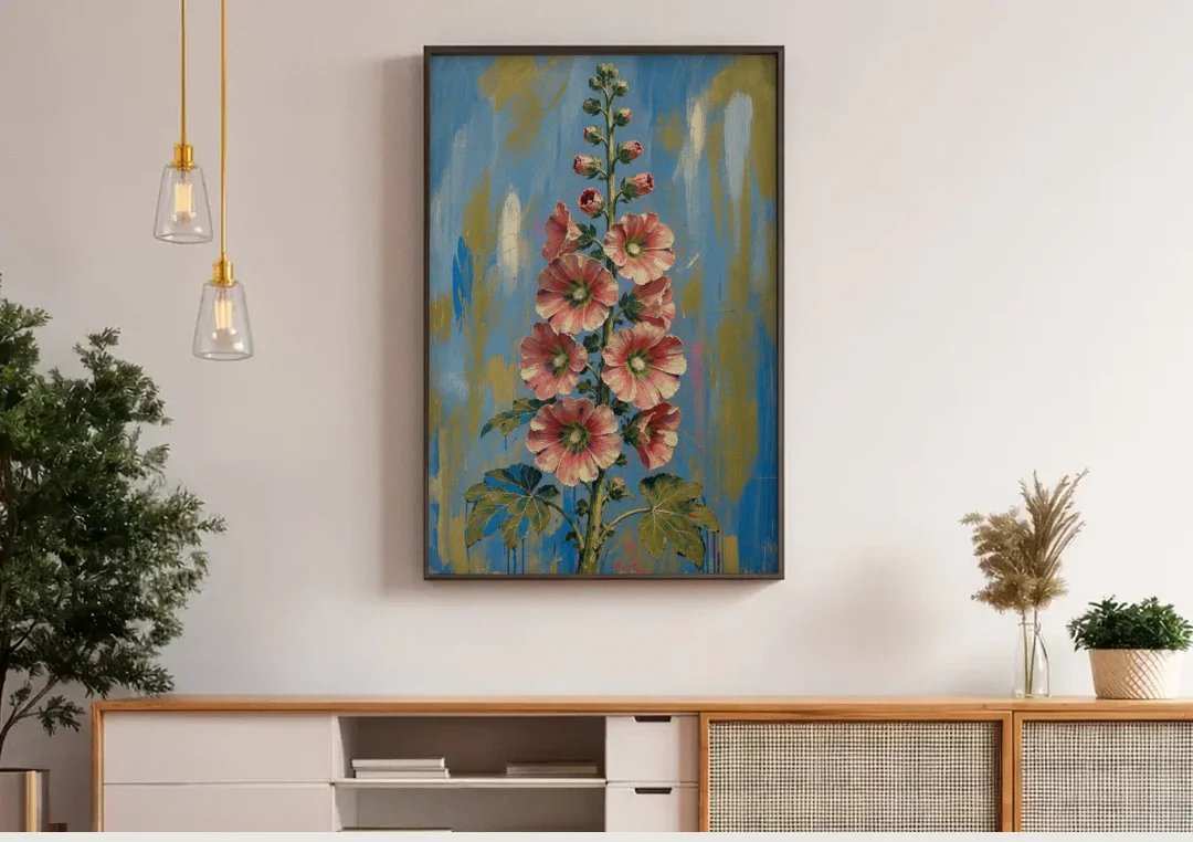 Hand Painted Floral Canvas of a Tall Hollyhock canvas wall art above a wooden sideboard under pendant lights
