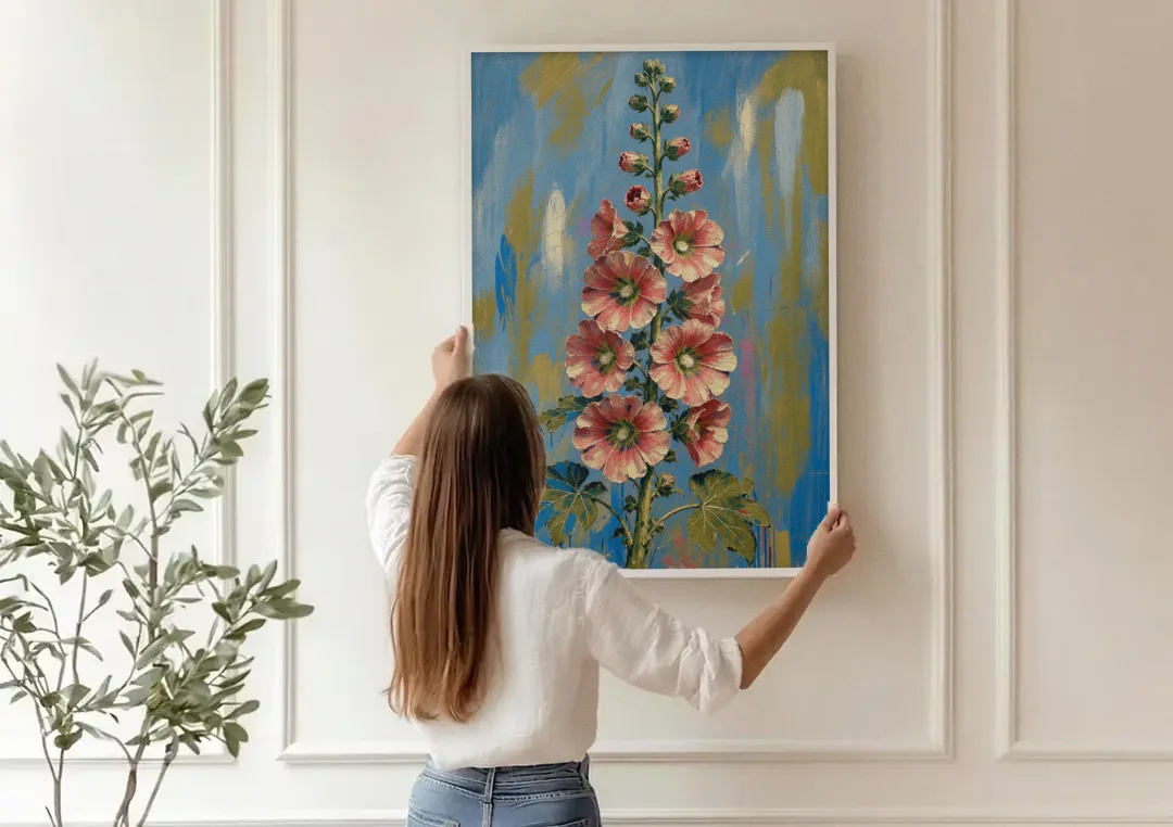Hand Painted Floral Canvas of a Tall Hollyhock canvas wall art being hung on a paneled wall