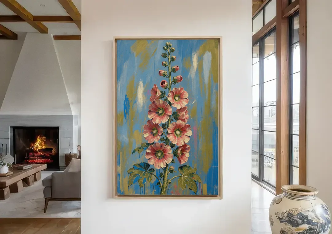 Hand Painted Floral Canvas of a Tall Hollyhock canvas wall art in a living room with a fireplace