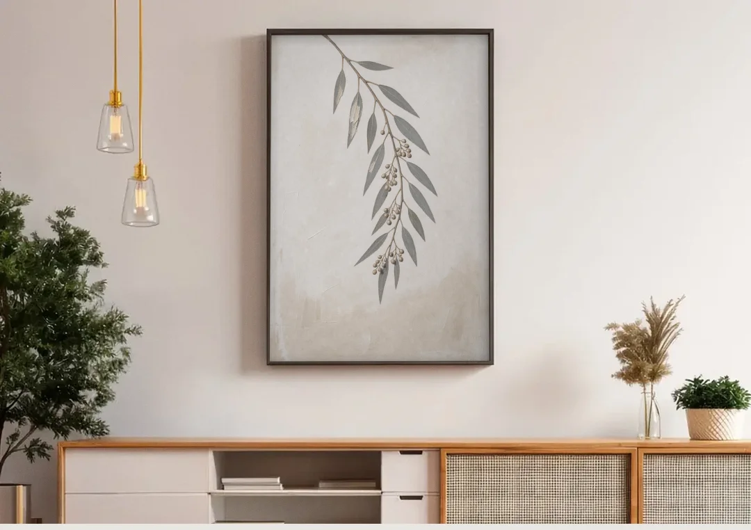 Hanging Eucalyptus Sprig with Seed Clusters canvas wall art above a wooden sideboard under pendant lights