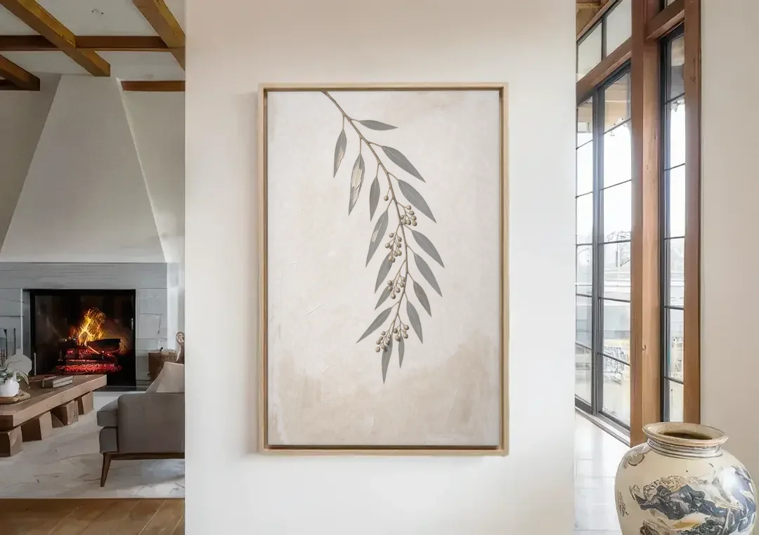 Hanging Eucalyptus Sprig with Seed Clusters canvas wall art in a living room with a fireplace