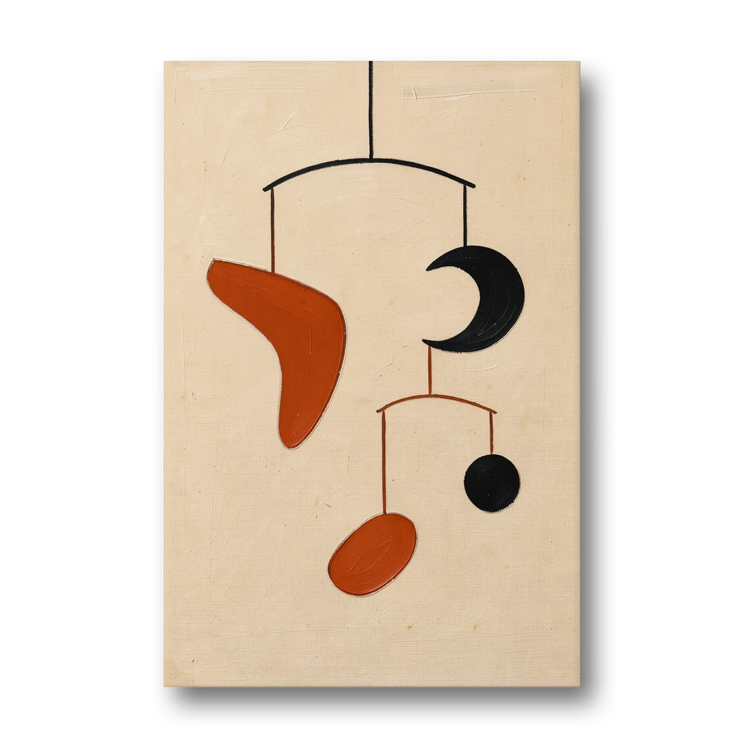 Hanging Mobile of Vermilion and Black Shapes - Canvas Wall Art - Front