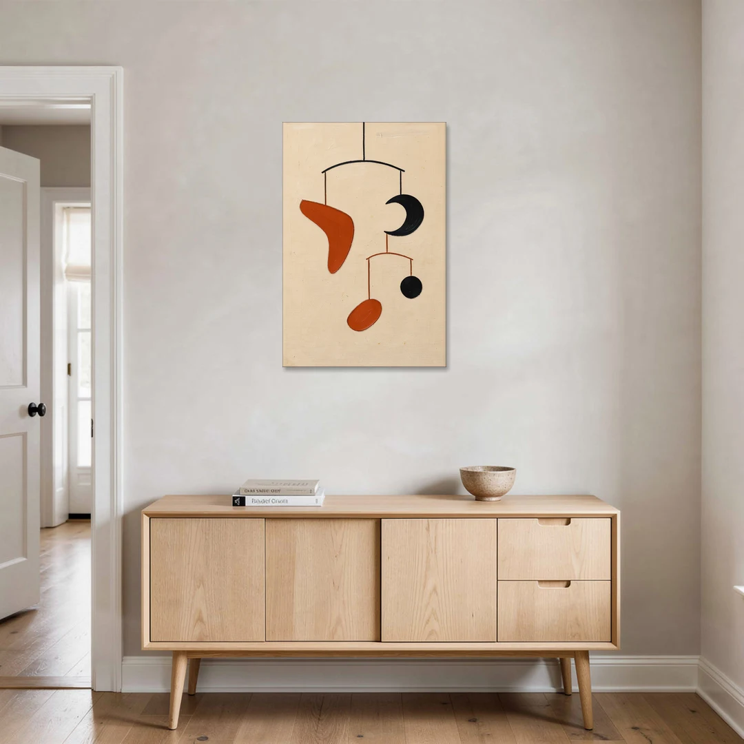 Hanging Mobile of Vermilion and Black Shapes - Canvas Wall Art - Coffee Table - 24x36