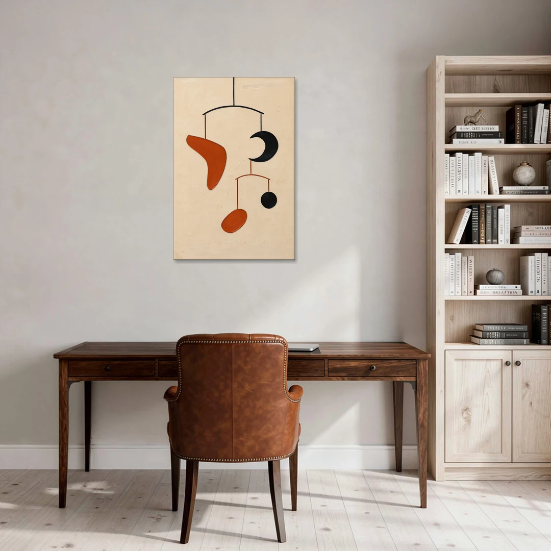 Hanging Mobile of Vermilion and Black Shapes - Canvas Wall Art - Office - 24x36