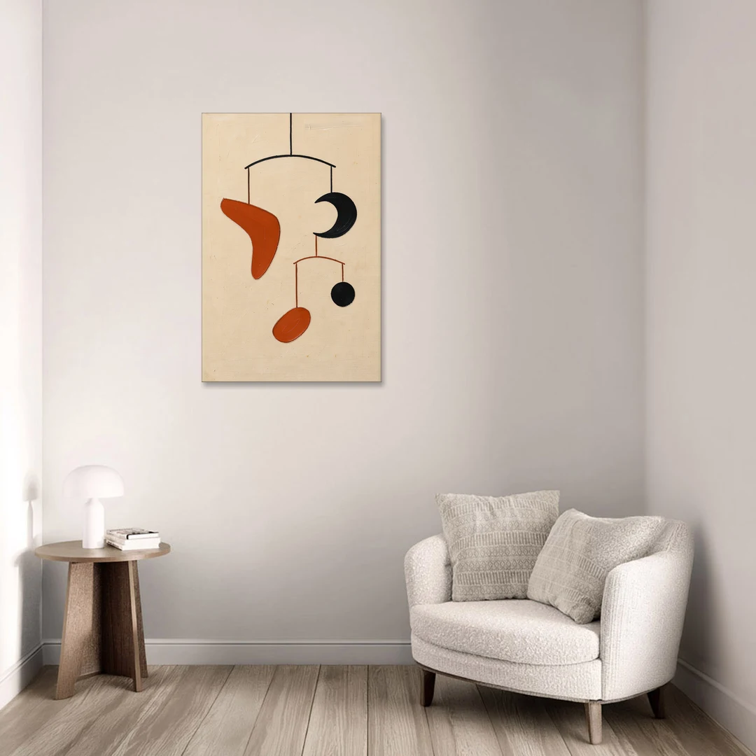 Hanging Mobile of Vermilion and Black Shapes - Canvas Wall Art - Sofa - 24x36
