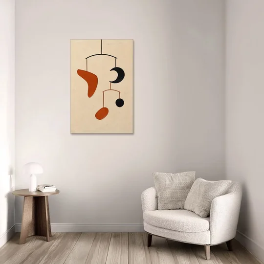 Hanging Mobile of Vermilion and Black Shapes - Canvas Wall Art - Sofa - 24x36