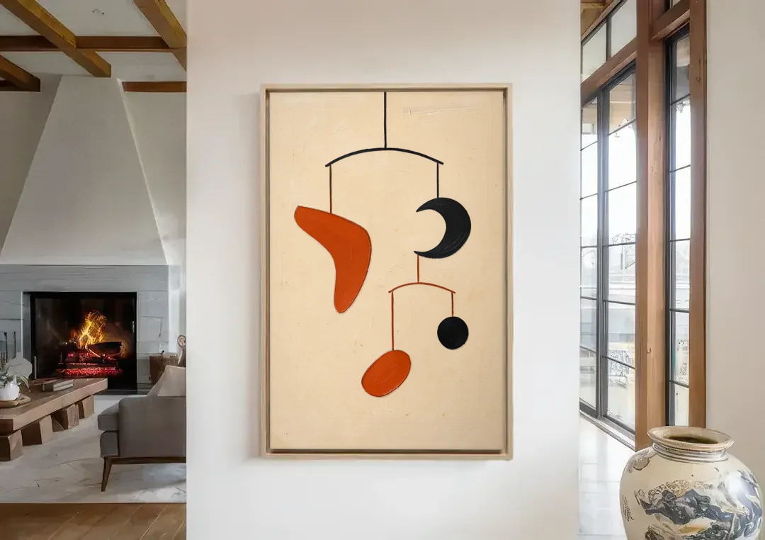 Hanging Mobile of Vermilion and Black Shapes canvas wall art in a living room with a fireplace