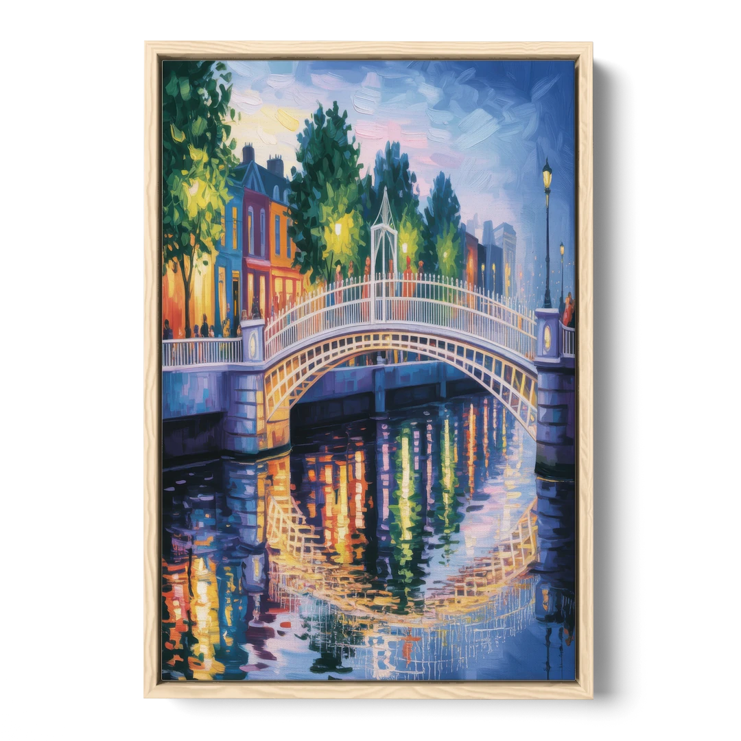 Ha'penny Bridge Views - Oak Framed Canvas Wall Art - Front