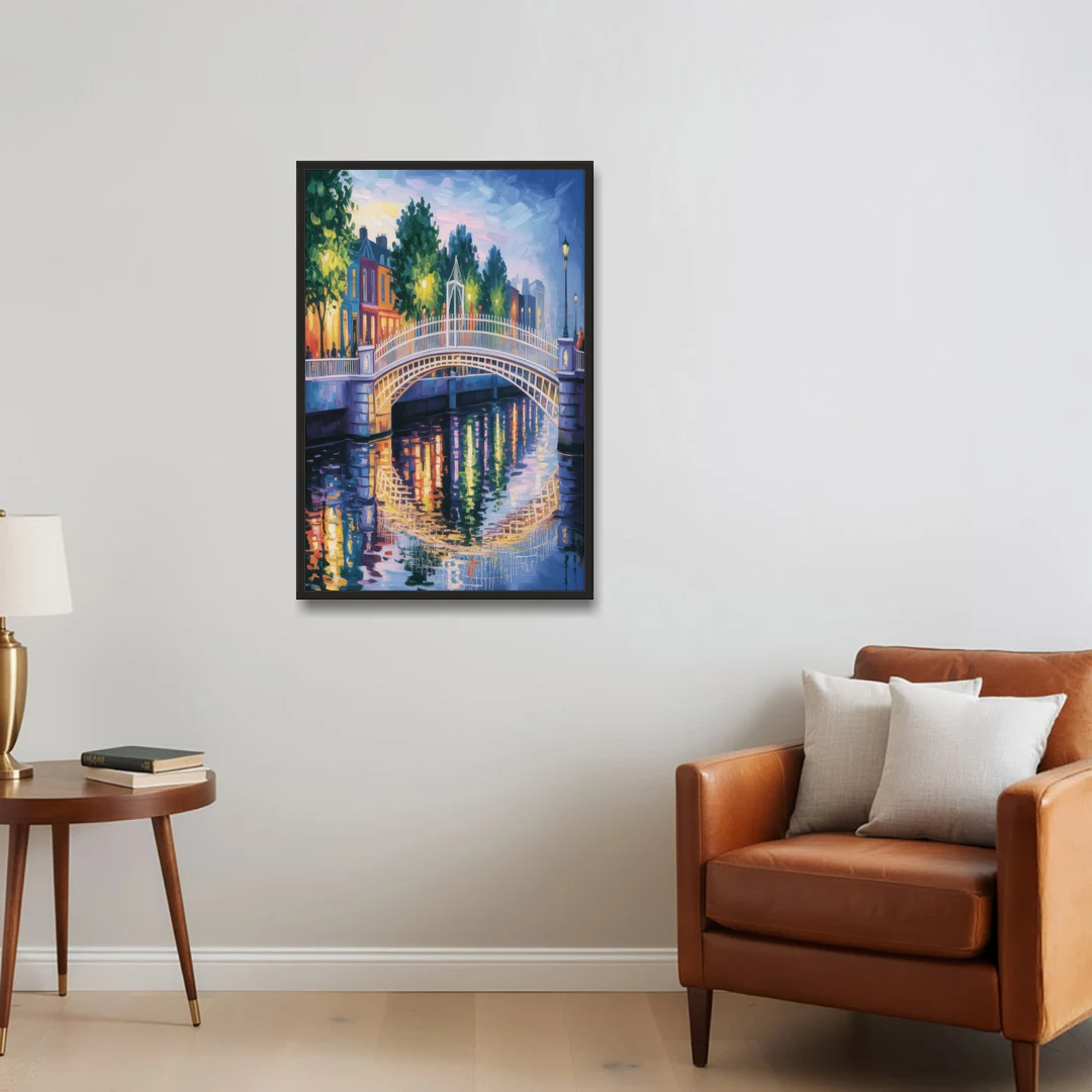 Ha'penny Bridge Views - Black Framed Canvas Wall Art - Sofa - 24x36