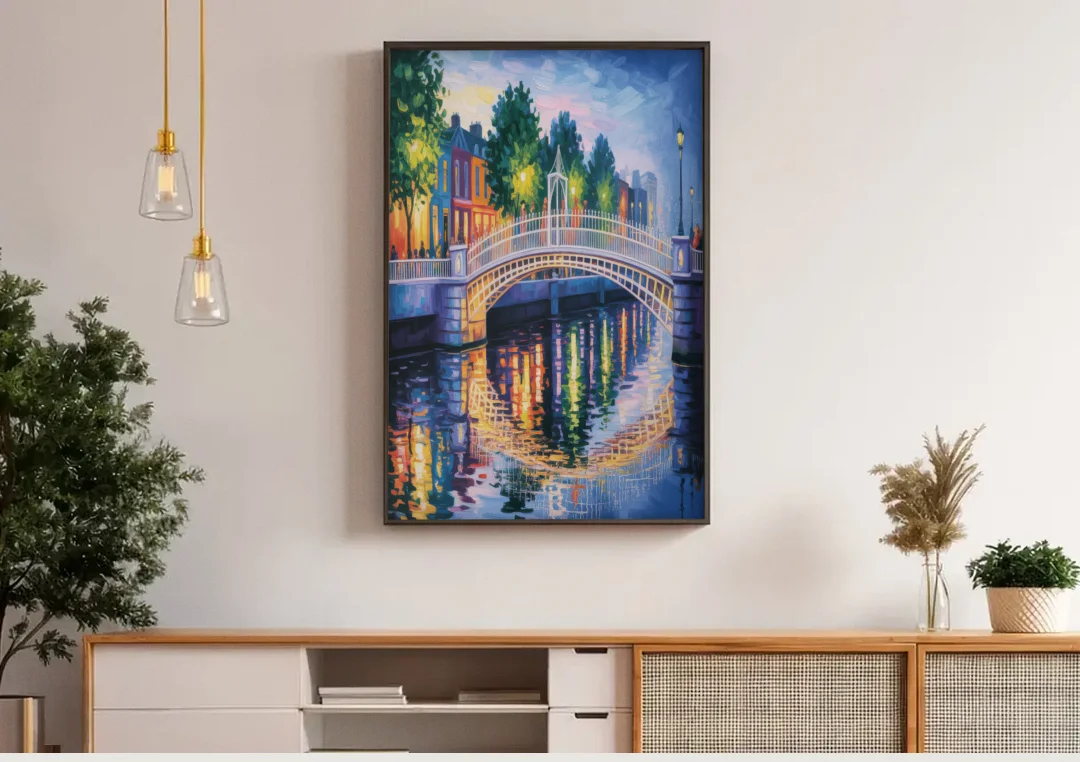 Ha'penny Bridge Views canvas wall art above a wooden sideboard under pendant lights