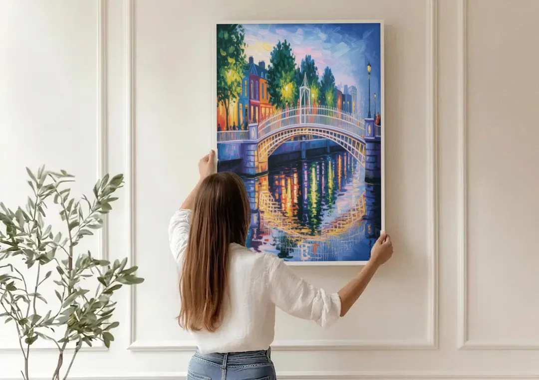 Ha'penny Bridge Views canvas wall art being hung on a paneled wall