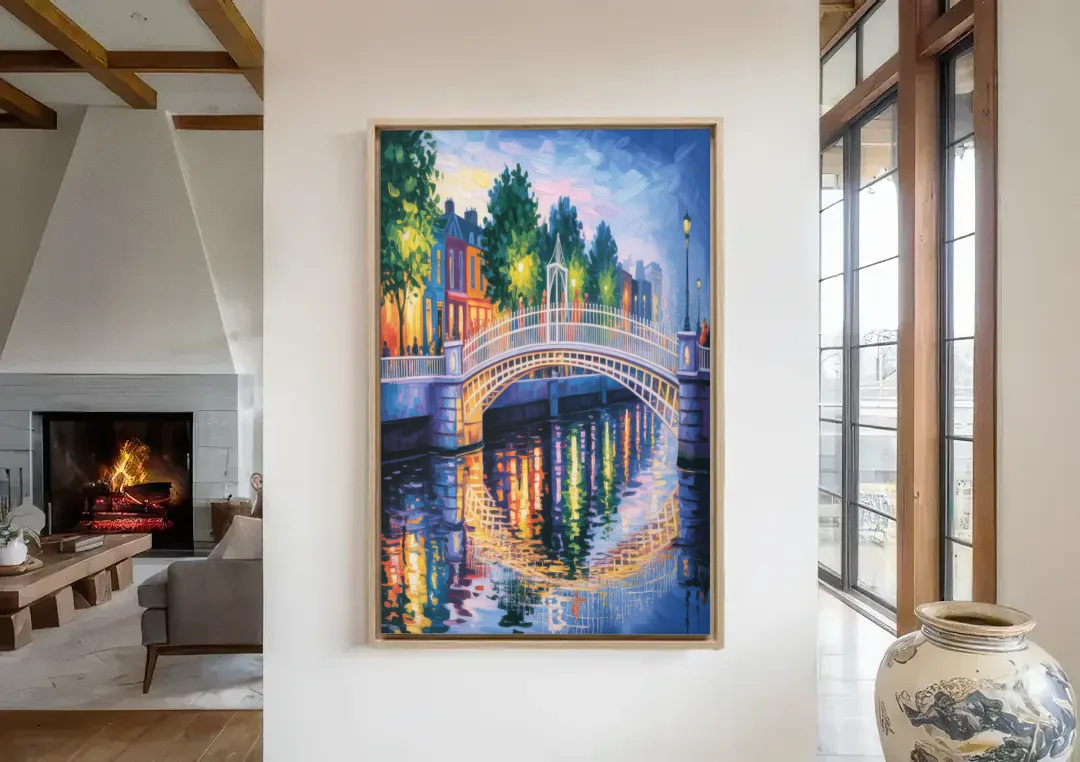Ha'penny Bridge Views canvas wall art in a living room with a fireplace