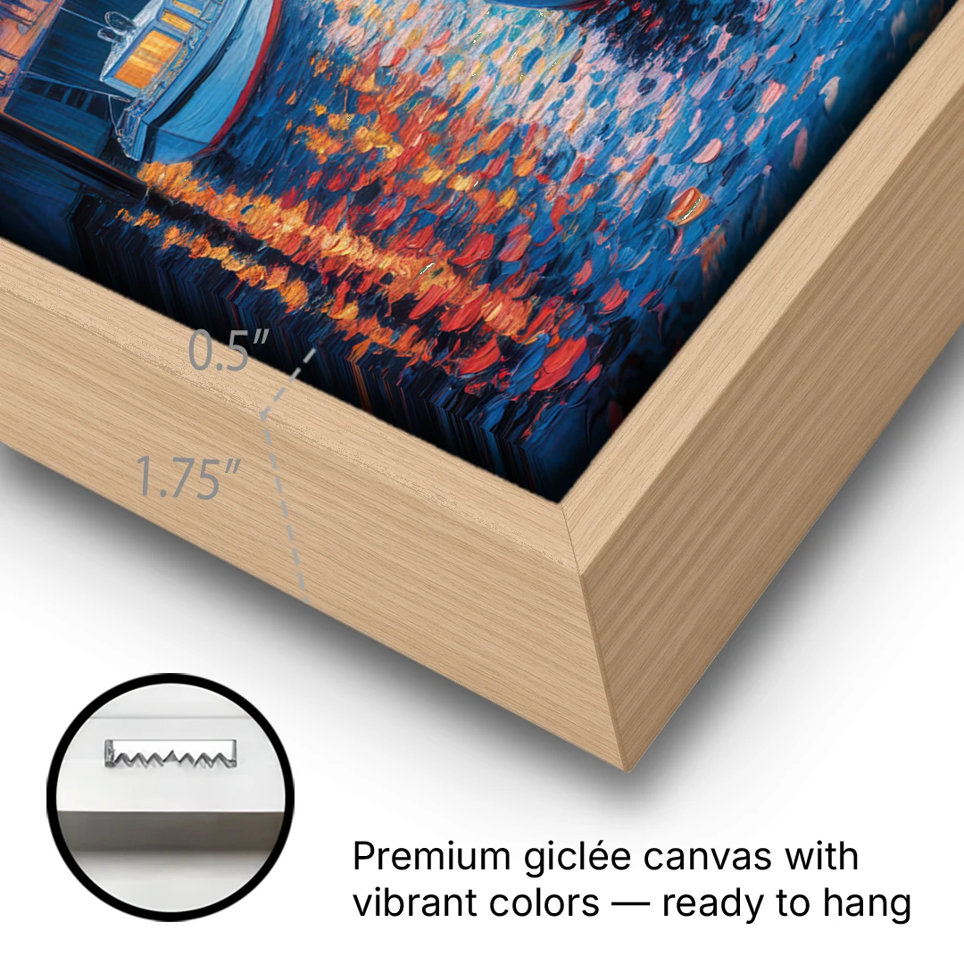 Harbor Lights - Oak Framed Canvas Wall Art - Gallery Wrap Corner