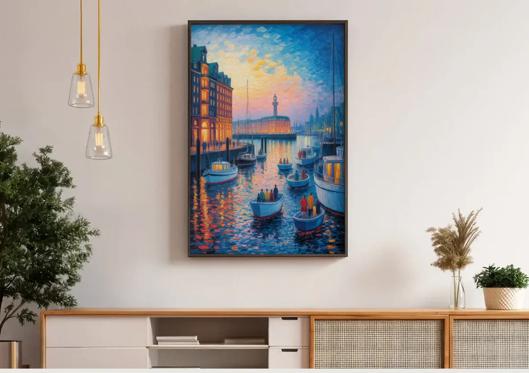 Harbor Lights canvas wall art above a wooden sideboard under pendant lights