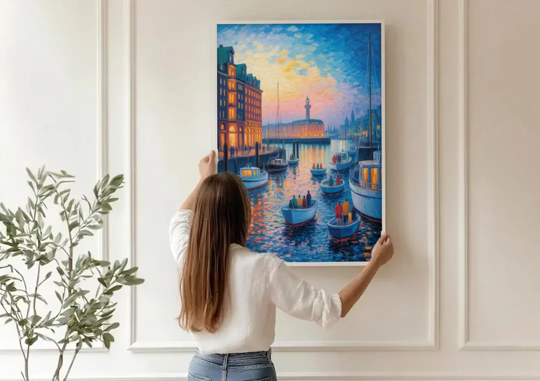 Harbor Lights canvas wall art being hung on a paneled wall