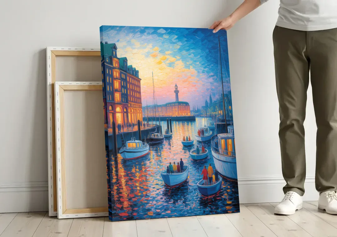 Harbor Lights canvas wall art leaning against a wall next to blank canvases