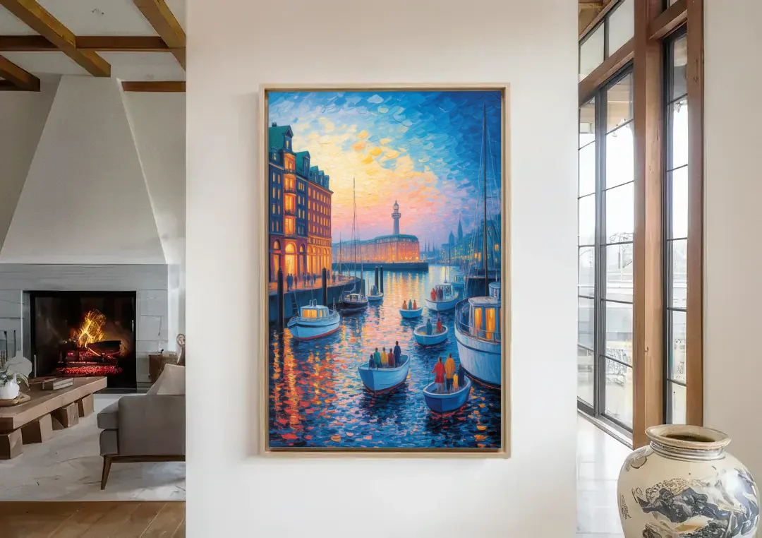 Harbor Lights canvas wall art in a living room with a fireplace