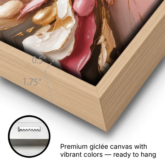 Harmonic Elegance Pink and Gold Abstract - Oak Framed Canvas Wall Art - Gallery Wrap Corner