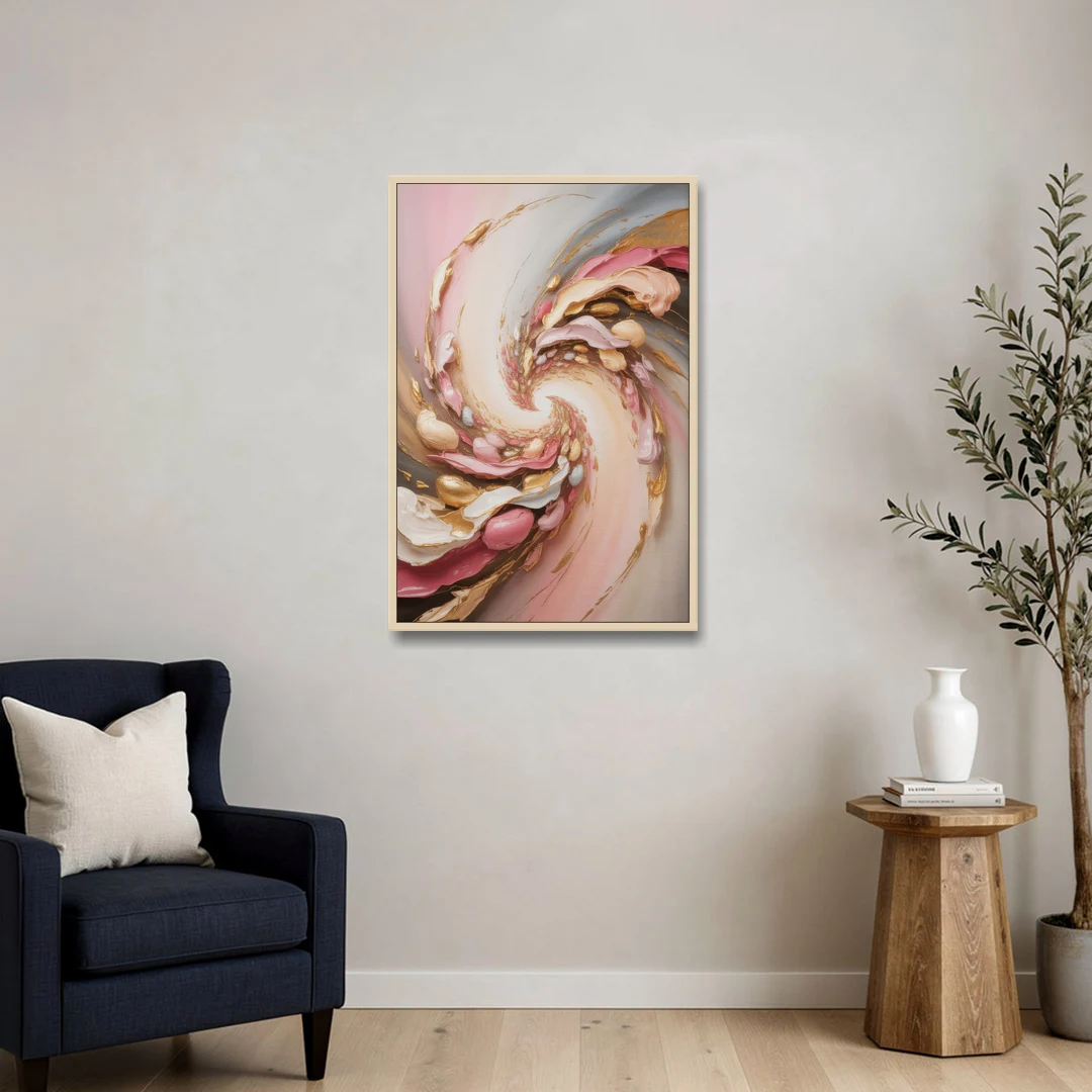Harmonic Elegance Pink and Gold Abstract - Oak Framed Canvas Wall Art - Sofa - 24x36