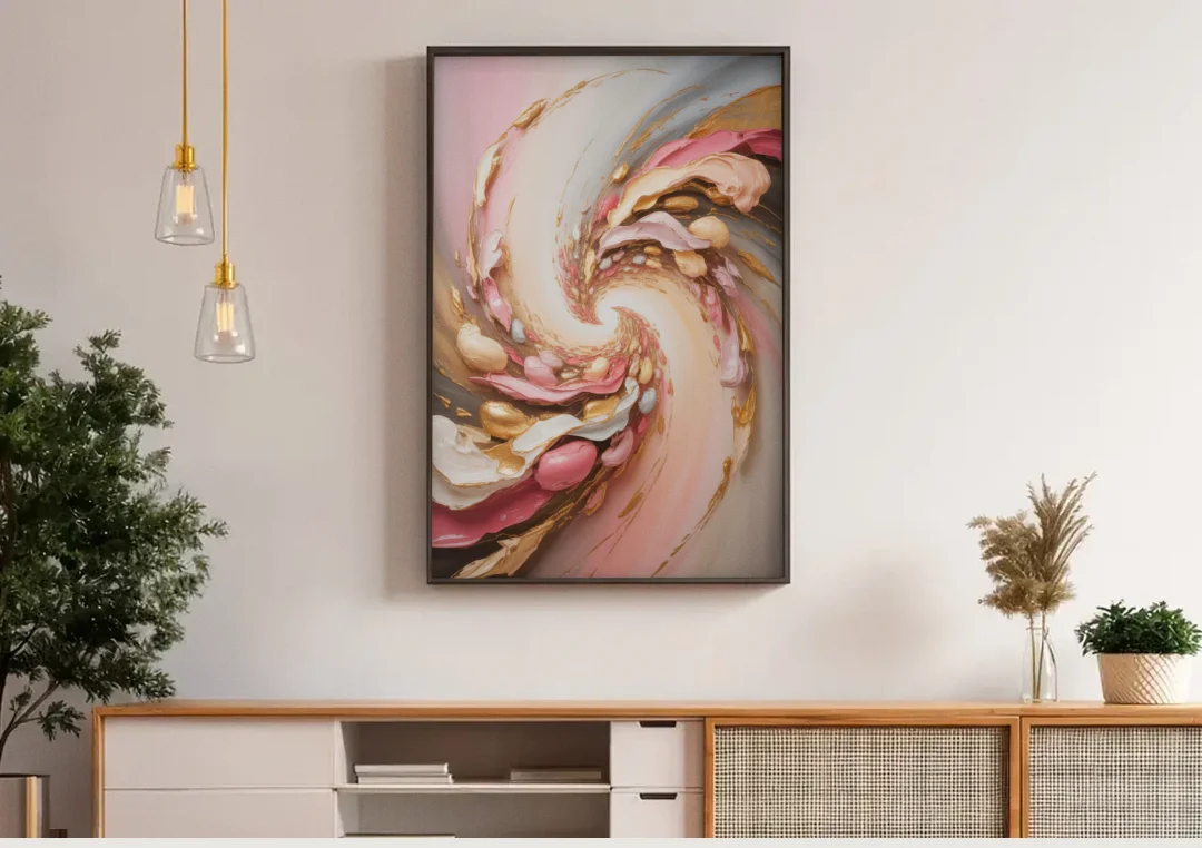Harmonic Elegance Pink and Gold Abstract canvas wall art above a wooden sideboard under pendant lights