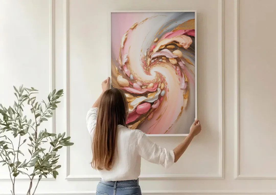 Harmonic Elegance Pink and Gold Abstract canvas wall art being hung on a paneled wall
