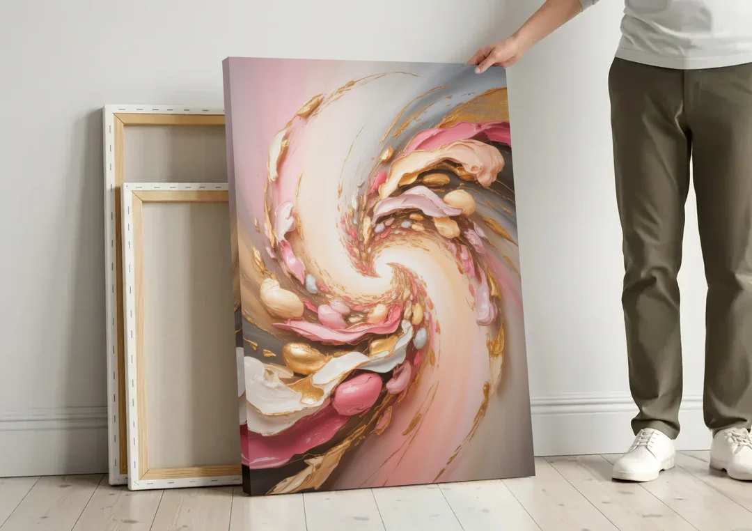Harmonic Elegance Pink and Gold Abstract canvas wall art leaning against a wall next to blank canvases