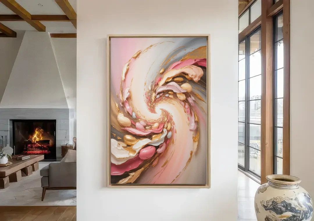 Harmonic Elegance Pink and Gold Abstract canvas wall art in a living room with a fireplace