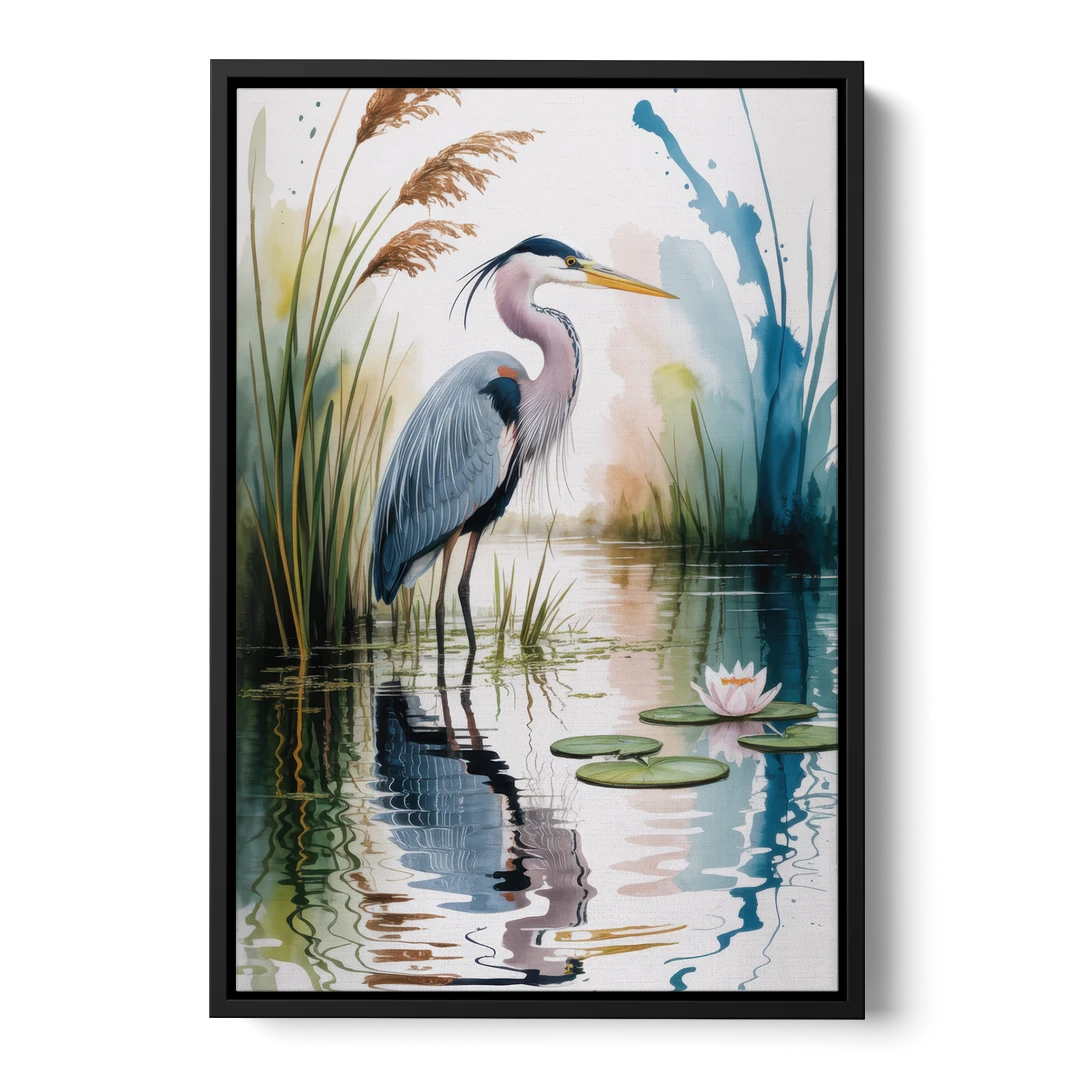 Harmonious Heron Habitat - Black Framed Canvas Wall Art - Front
