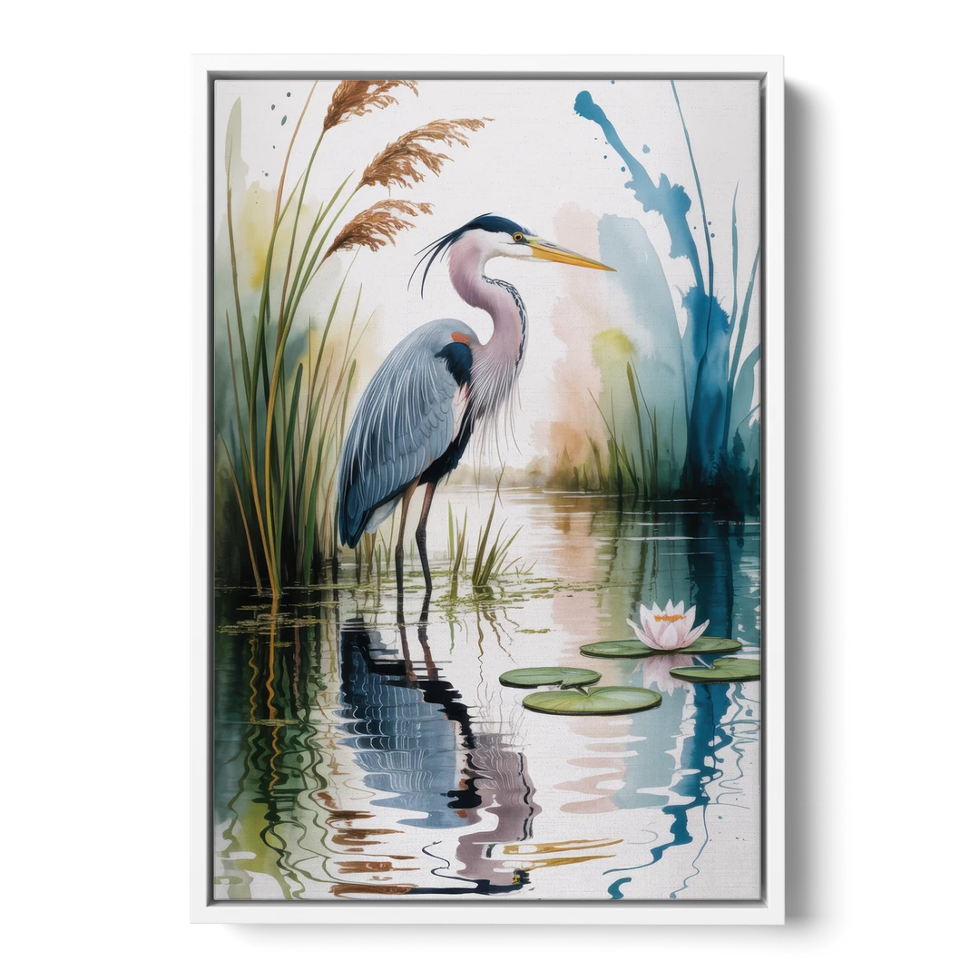 Harmonious Heron Habitat - White Framed Canvas Wall Art - Front