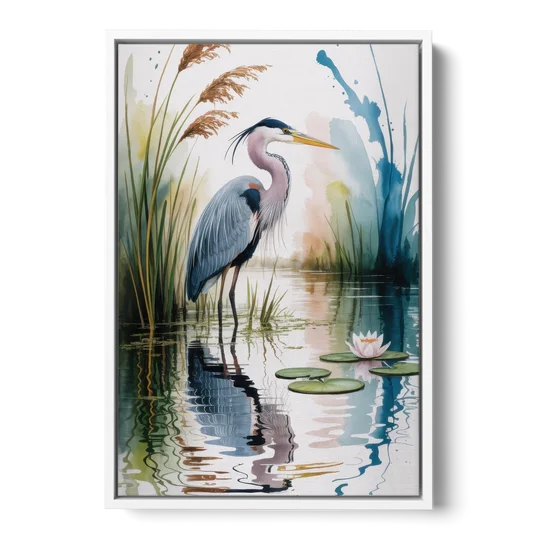 Harmonious Heron Habitat - White Framed Canvas Wall Art - Front