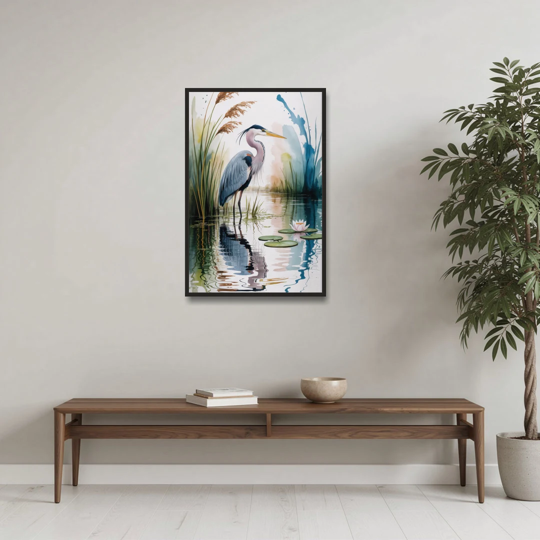 Harmonious Heron Habitat - Black Framed Canvas Wall Art - Coffee Table - 24x36
