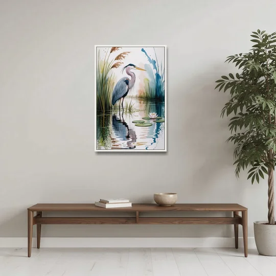 Harmonious Heron Habitat - White Framed Canvas Wall Art - Coffee Table - 24x36