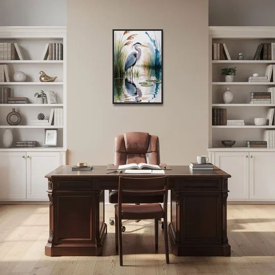 Harmonious Heron Habitat - Black Framed Canvas Wall Art - Office - 24x36