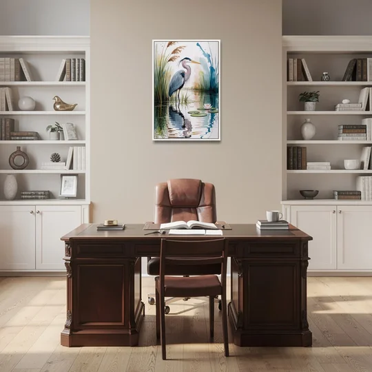 Harmonious Heron Habitat - White Framed Canvas Wall Art - Office - 24x36