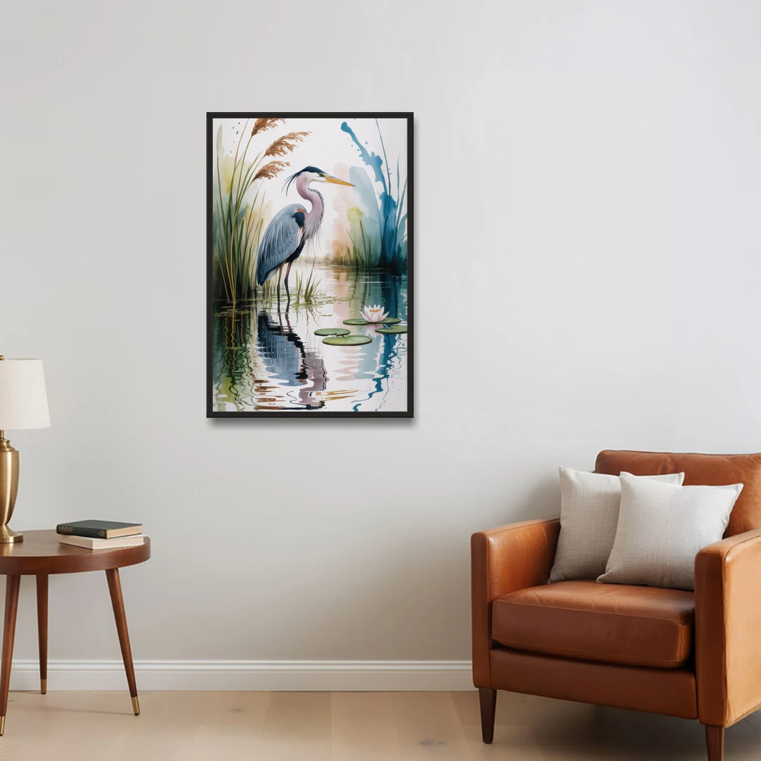 Harmonious Heron Habitat - Black Framed Canvas Wall Art - Sofa - 24x36