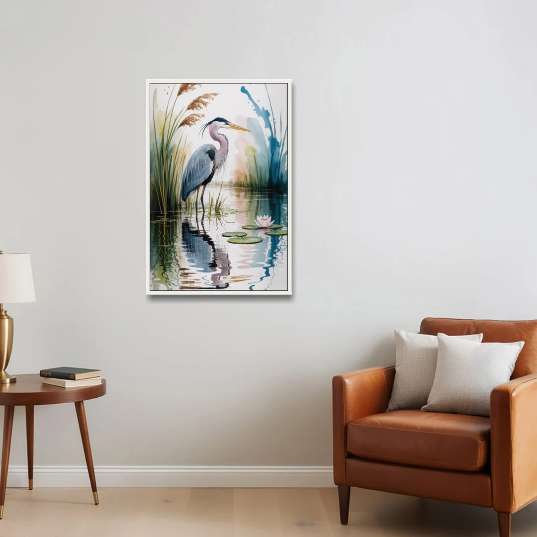 Harmonious Heron Habitat - White Framed Canvas Wall Art - Sofa - 24x36