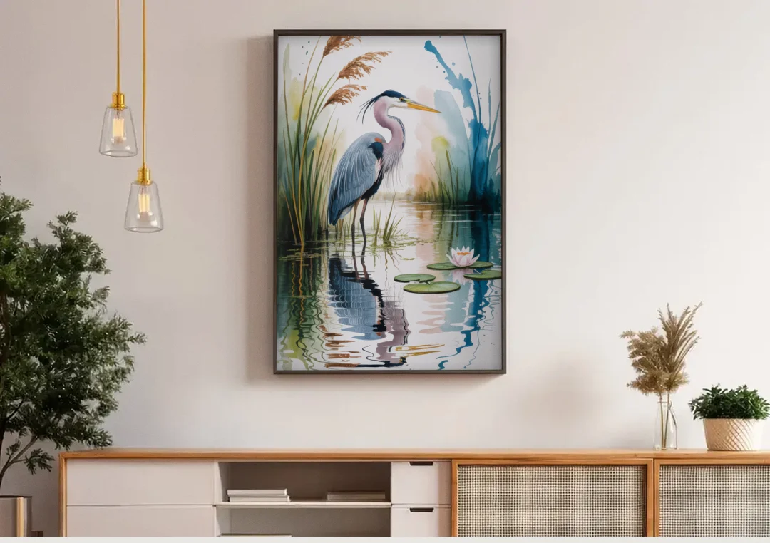 Harmonious Heron Habitat canvas wall art above a wooden sideboard under pendant lights