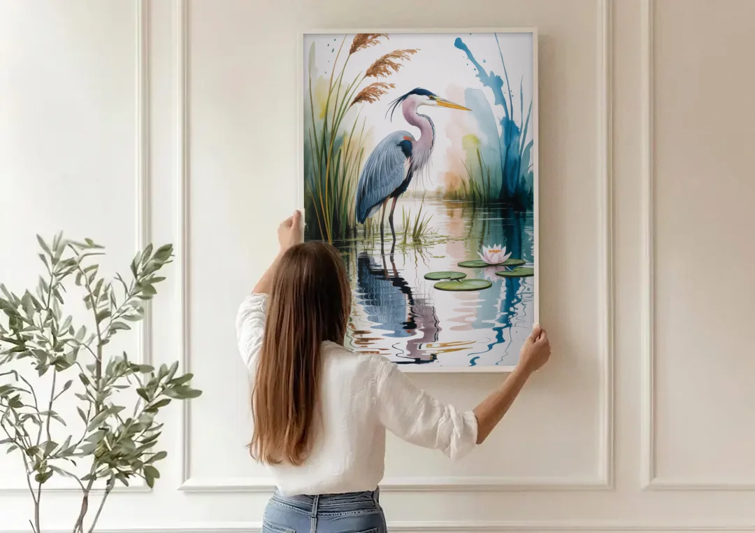 Harmonious Heron Habitat canvas wall art being hung on a paneled wall