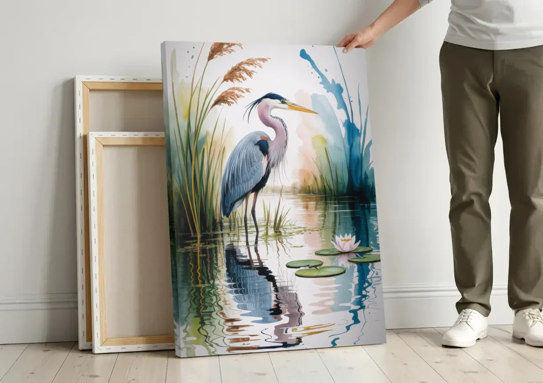 Harmonious Heron Habitat canvas wall art leaning against a wall next to blank canvases
