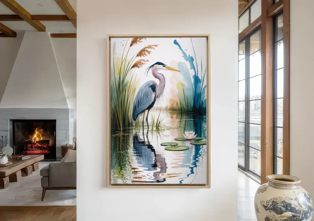 Harmonious Heron Habitat canvas wall art in a living room with a fireplace