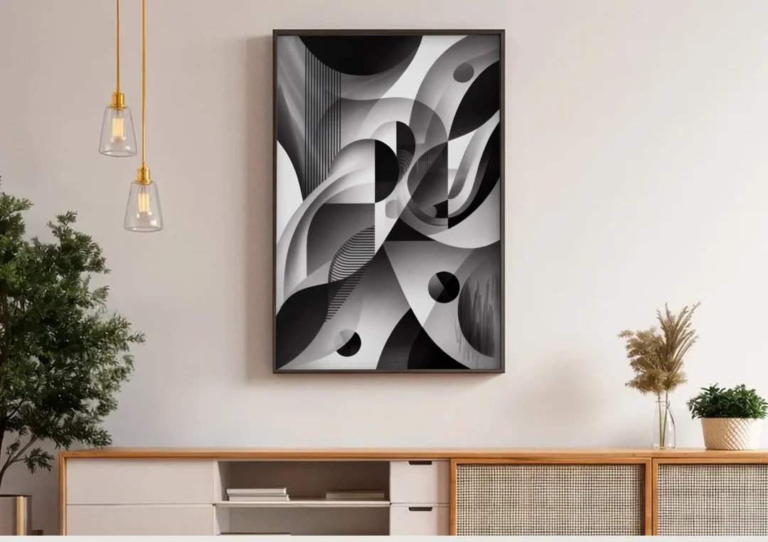 Harmonious Interplay Black and White Abstract canvas wall art above a wooden sideboard under pendant lights