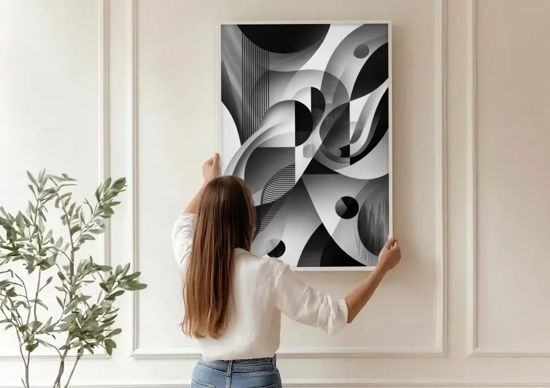 Harmonious Interplay Black and White Abstract canvas wall art being hung on a paneled wall