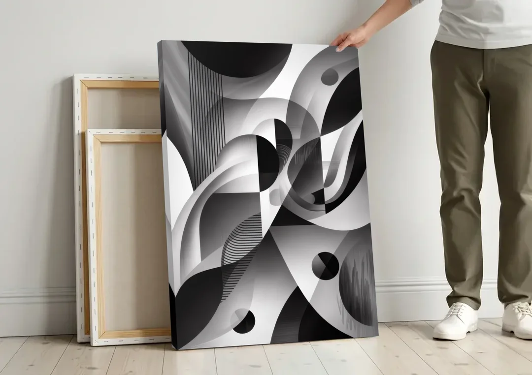 Harmonious Interplay Black and White Abstract canvas wall art leaning against a wall next to blank canvases