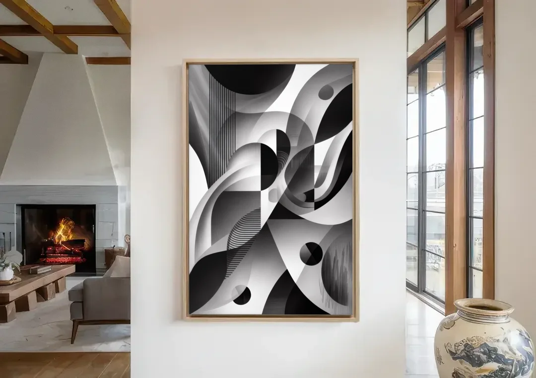 Harmonious Interplay Black and White Abstract canvas wall art in a living room with a fireplace