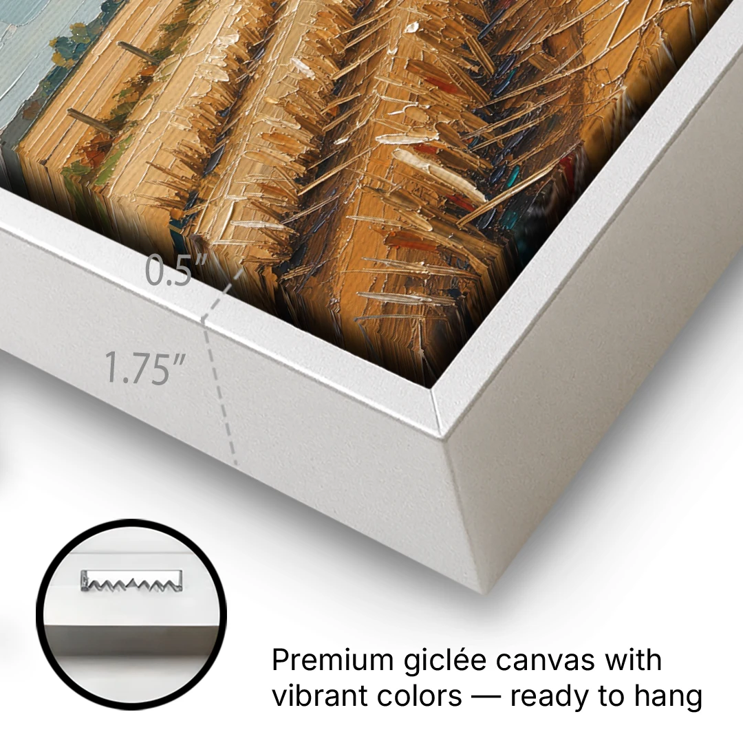 Harvested Stubble Field Rows Under a Pale Sky - White Framed Canvas Wall Art - Gallery Wrap Corner