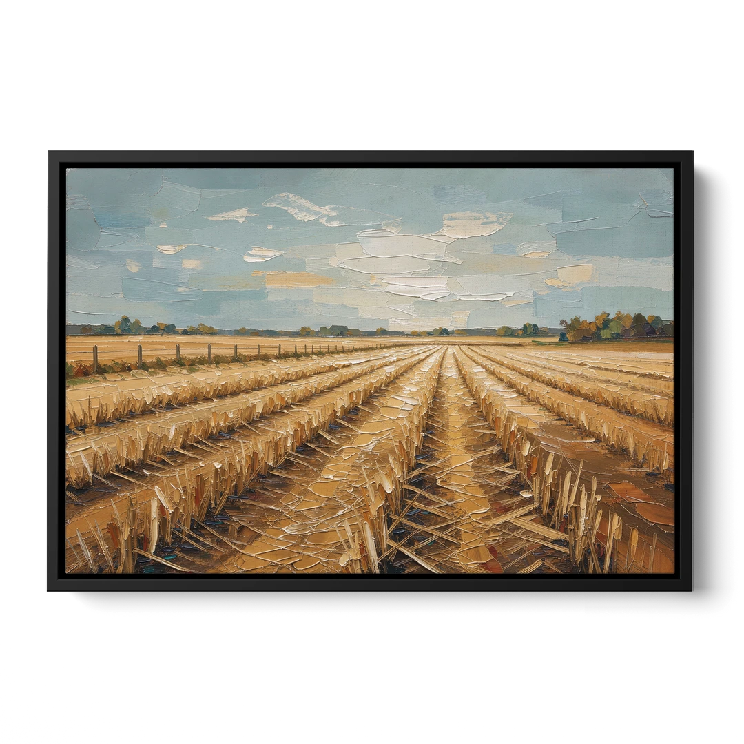 Harvested Stubble Field Rows Under a Pale Sky - Black Framed Canvas Wall Art - Front