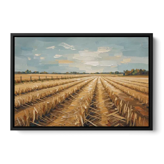 Harvested Stubble Field Rows Under a Pale Sky - Black Framed Canvas Wall Art - Front
